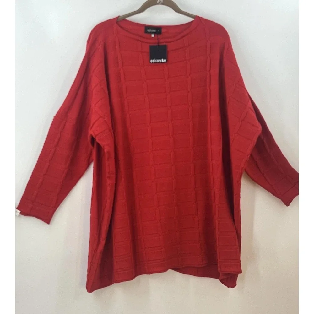NWT eskandar Slim Sleeve Kaftan Sweater Long Plus O/S Red Silk Cashmere Textured